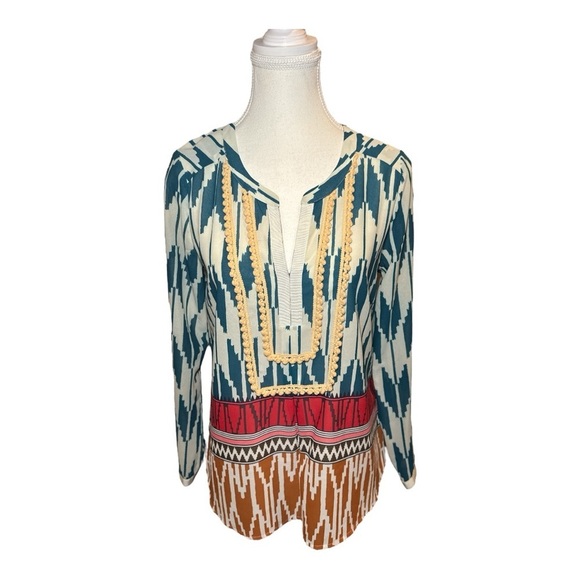 Maeve Anthropologie Ikat Rohana Aztec Popover Blouse Sz 2 Aztec Boho Relaxed Fit - Picture 10 of 10